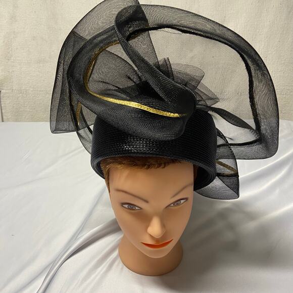 Black Hat W/ Gold Trim Fancy Church Party Special Funeral Ladies Polypropylene - Picture 1 of 10